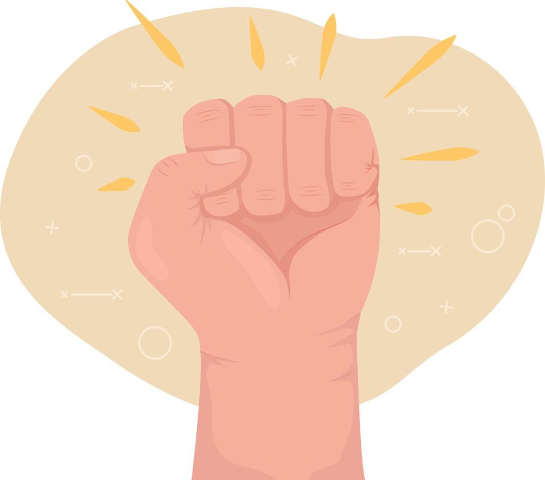 Raised fist 2D vector isolated illustration. Empowerment symbol flat hand gesture on cartoon background. Protest and resistance colourful editable scene for mobile, website, presentation