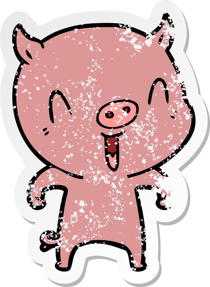 distressed sticker of a happy cartoon pig vector