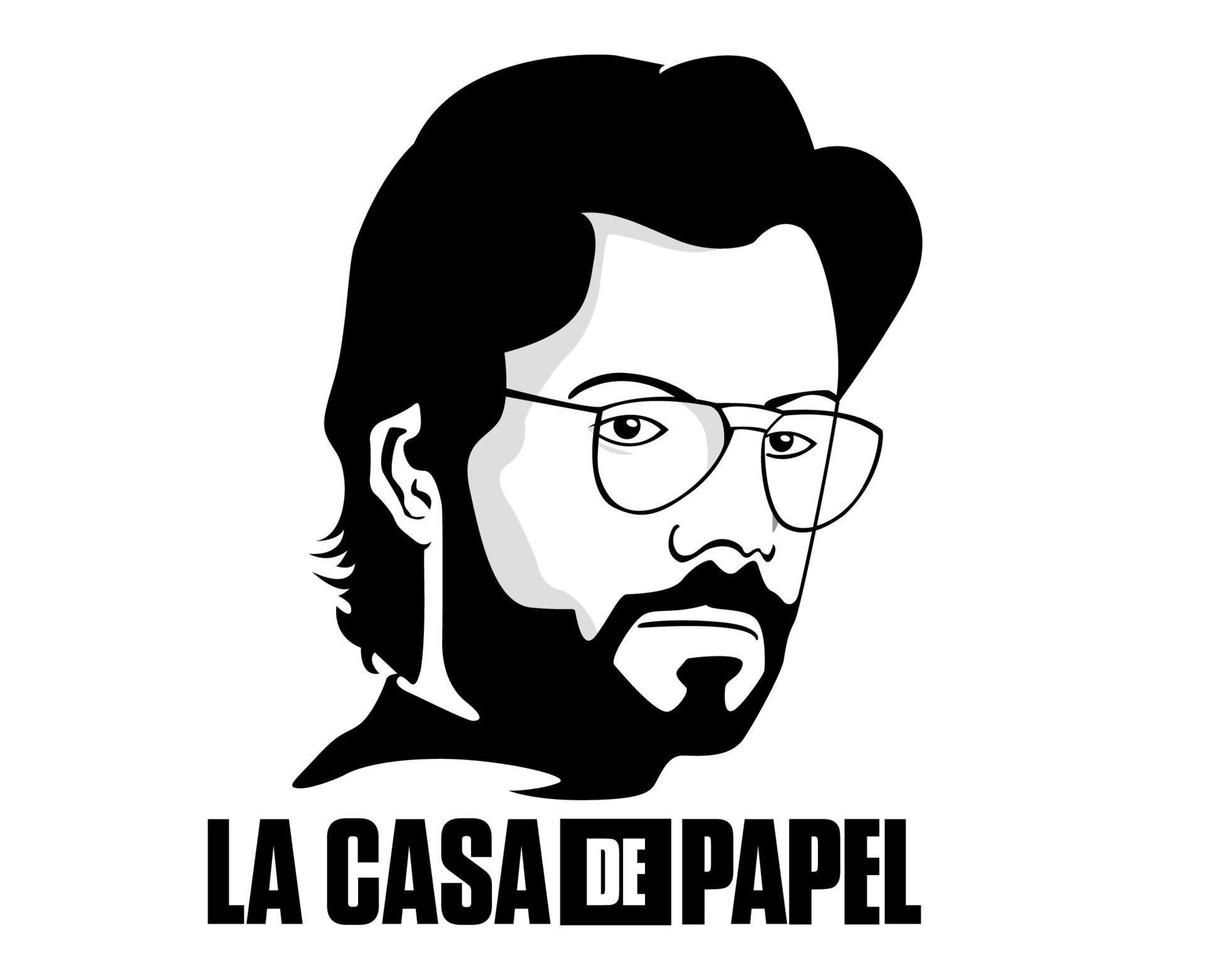 profesor con la casa de papel título dinero robo diseño gráfico netflix película resumen vector ilustración negro en fondo blanco