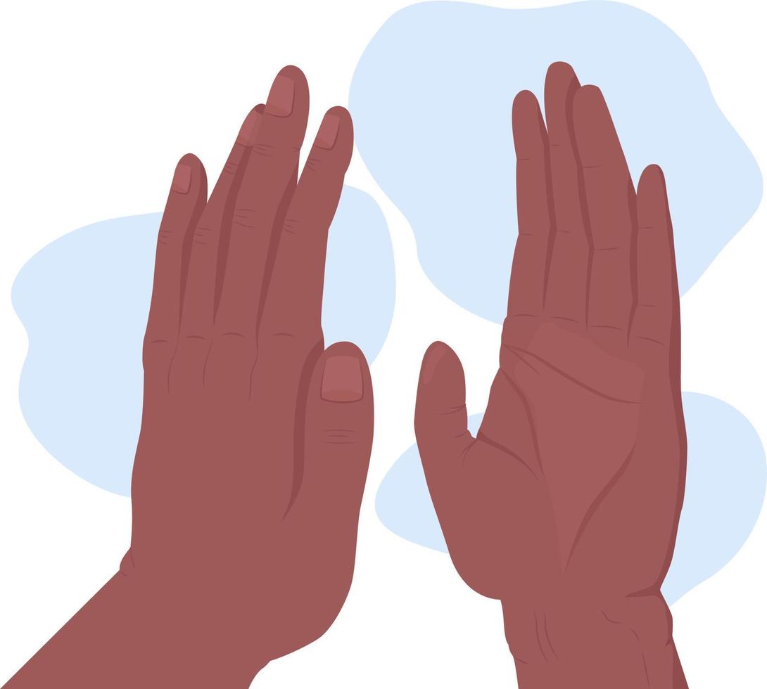 Slapping hands 2D vector isolated illustration. High five flat hand gesture on cartoon background. Expressing positive emotions colourful editable scene for mobile, website, presentation