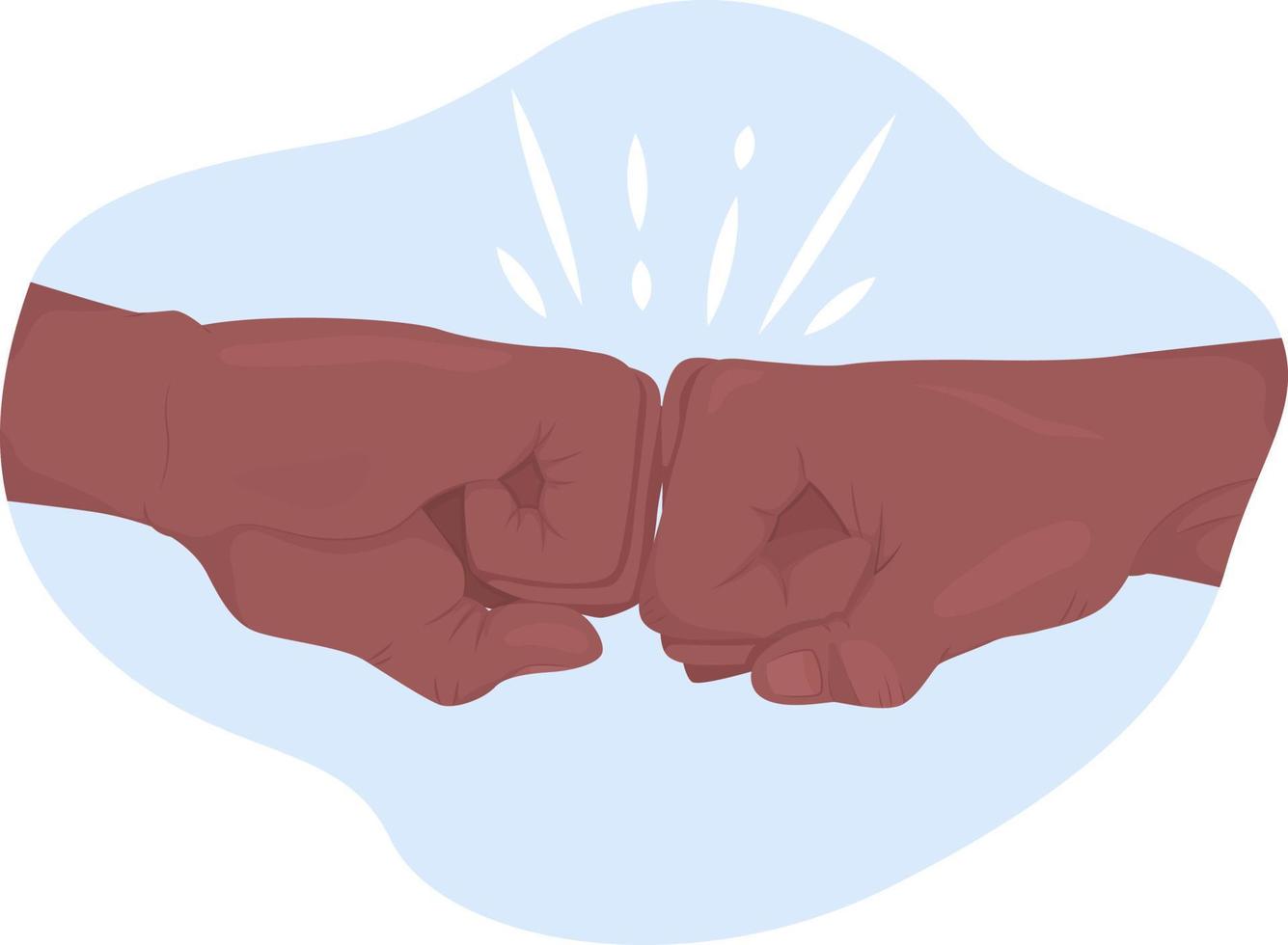 Fist bump 2D vector isolated illustration. Companionship flat hand gesture on cartoon background. Congratulation and celebration colourful editable scene for mobile, website, presentation