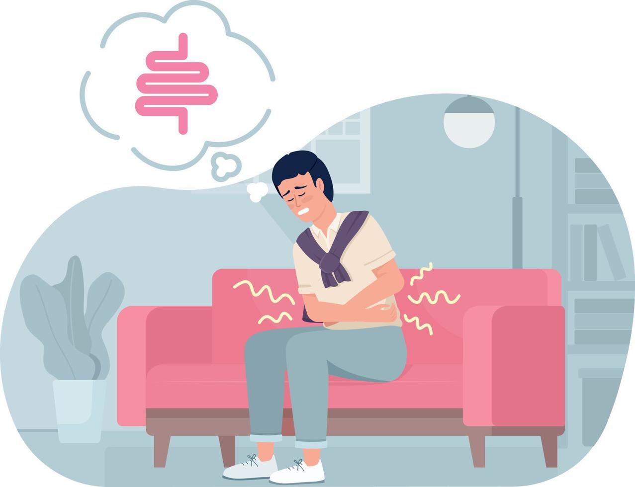 Man suffering from abdominal pain at home 2D vector isolated illustration. Unhealthy gut flat character on cartoon background. Colourful editable scene for mobile, website, presentation