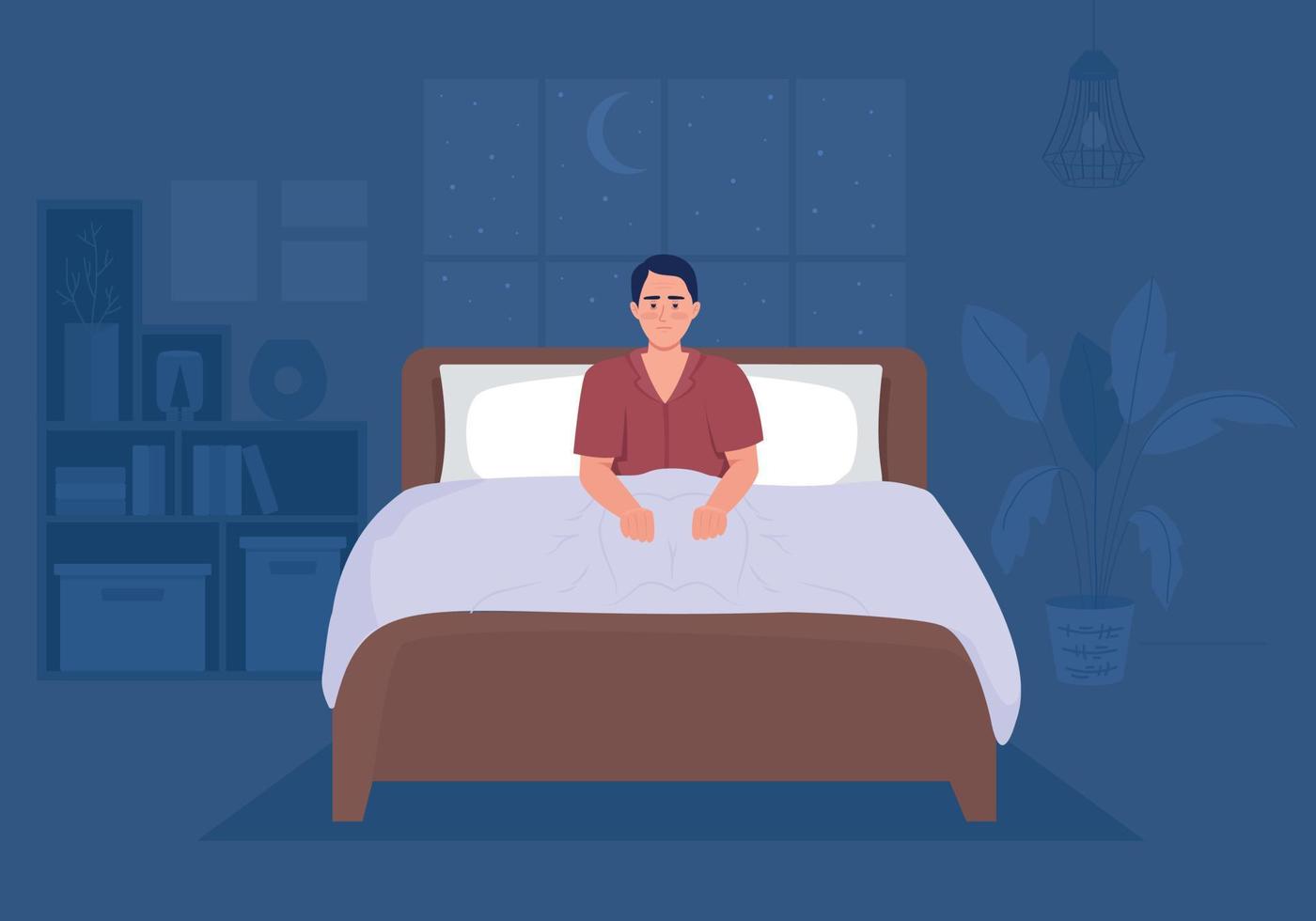 Man suffering from insomnia in bedroom flat color vector illustration. Stress and anxiety. Sleep disorder impact. Fully editable 2D simple cartoon character with interior on background