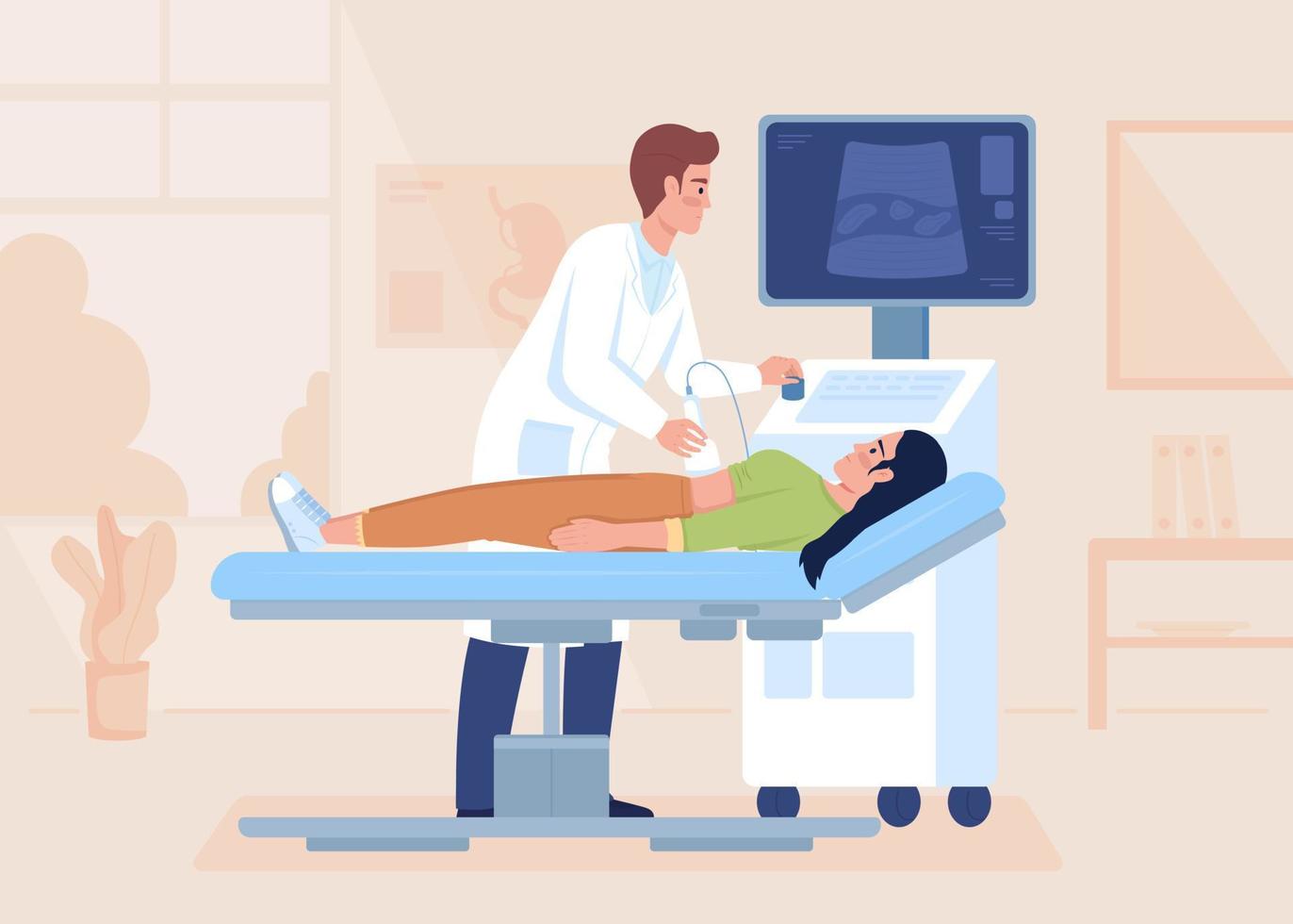 Sonographic research of patient abdomen flat color vector illustration. Professional examining equipment. Fully editable 2D simple cartoon characters with clinic office on background