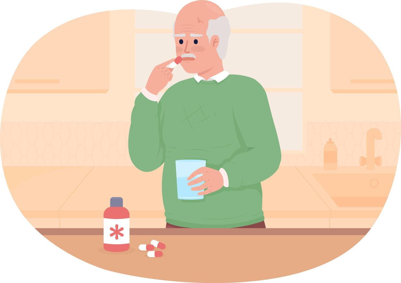Old man taking medicine at home 2D vector isolated illustration. Vitamin dose. Elderly healthcare flat character on cartoon background. Colourful editable scene for mobile, website, presentation