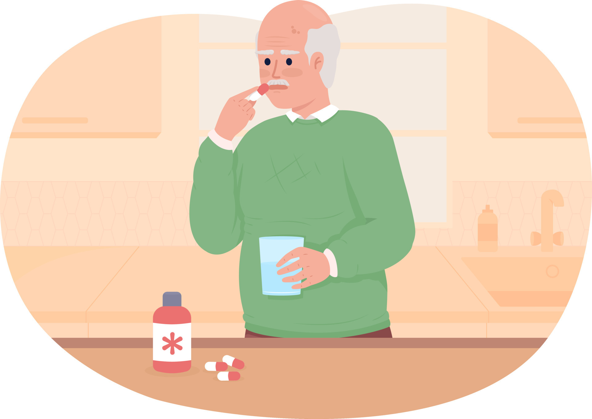 Old Man Taking Medicine At Home 2D Vector Isolated Illustration old-man-taking-medicine-at-home-2d-vector-isolated-illustration