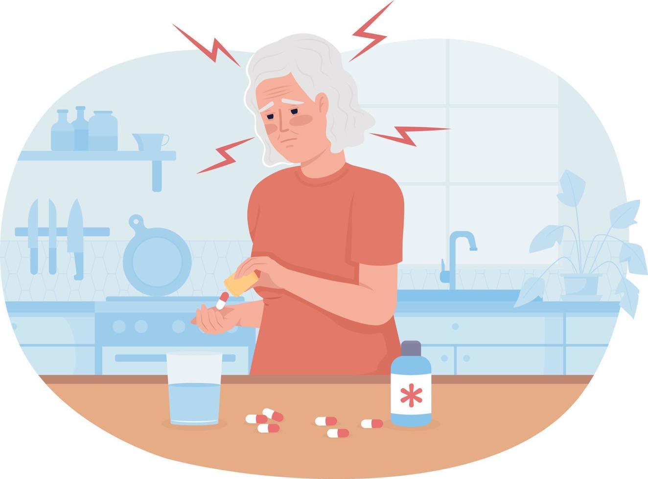 Old woman with migraine taking medication 2D vector isolated illustration. Painkiller flat character on cartoon background. Health colourful editable scene for mobile, website, presentation