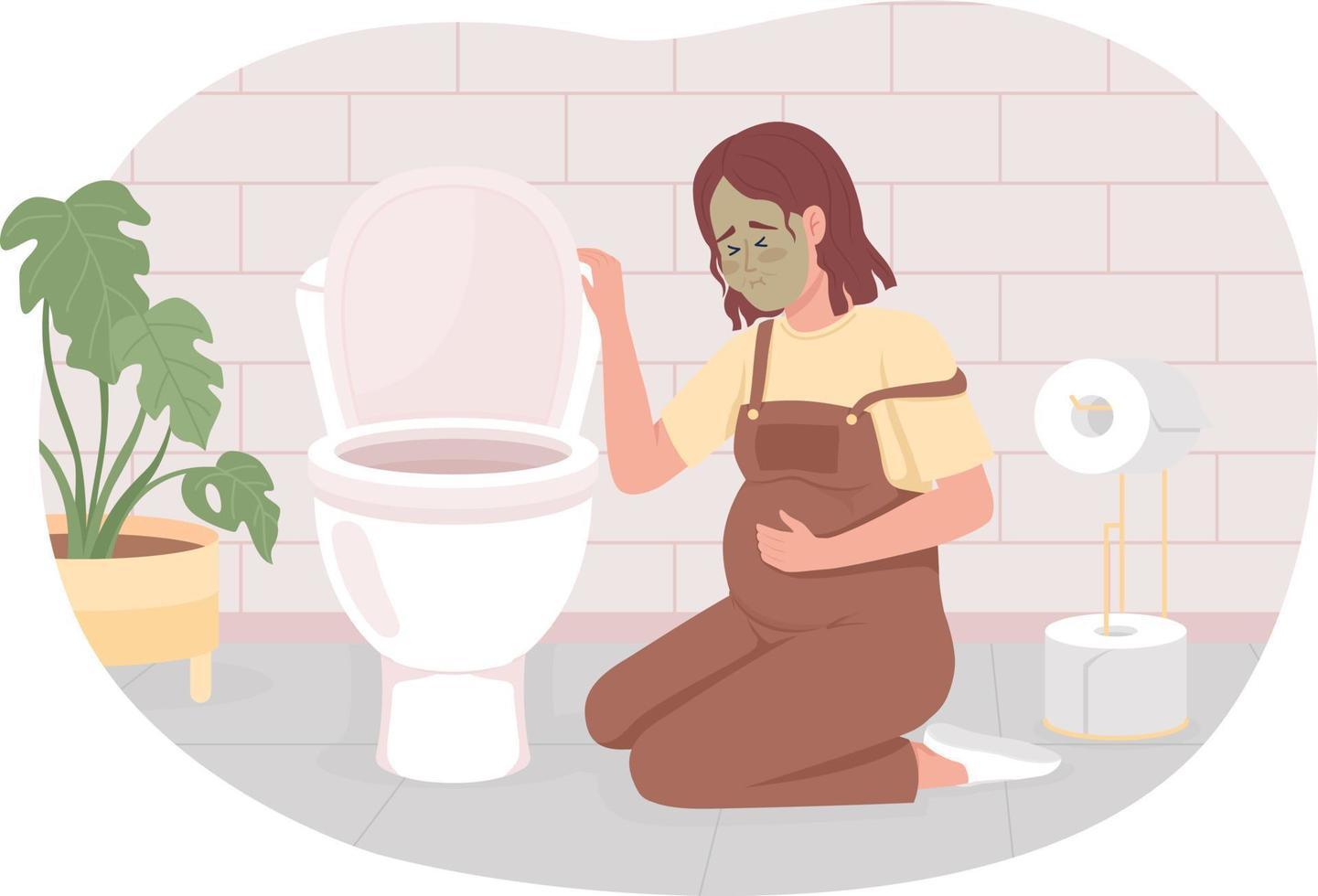 mujer embarazada con náuseas en el baño 2d vector ilustración aislada. problema prenatal personaje plano sobre fondo de dibujos animados. escena editable colorida del embarazo para móvil, sitio web, presentación