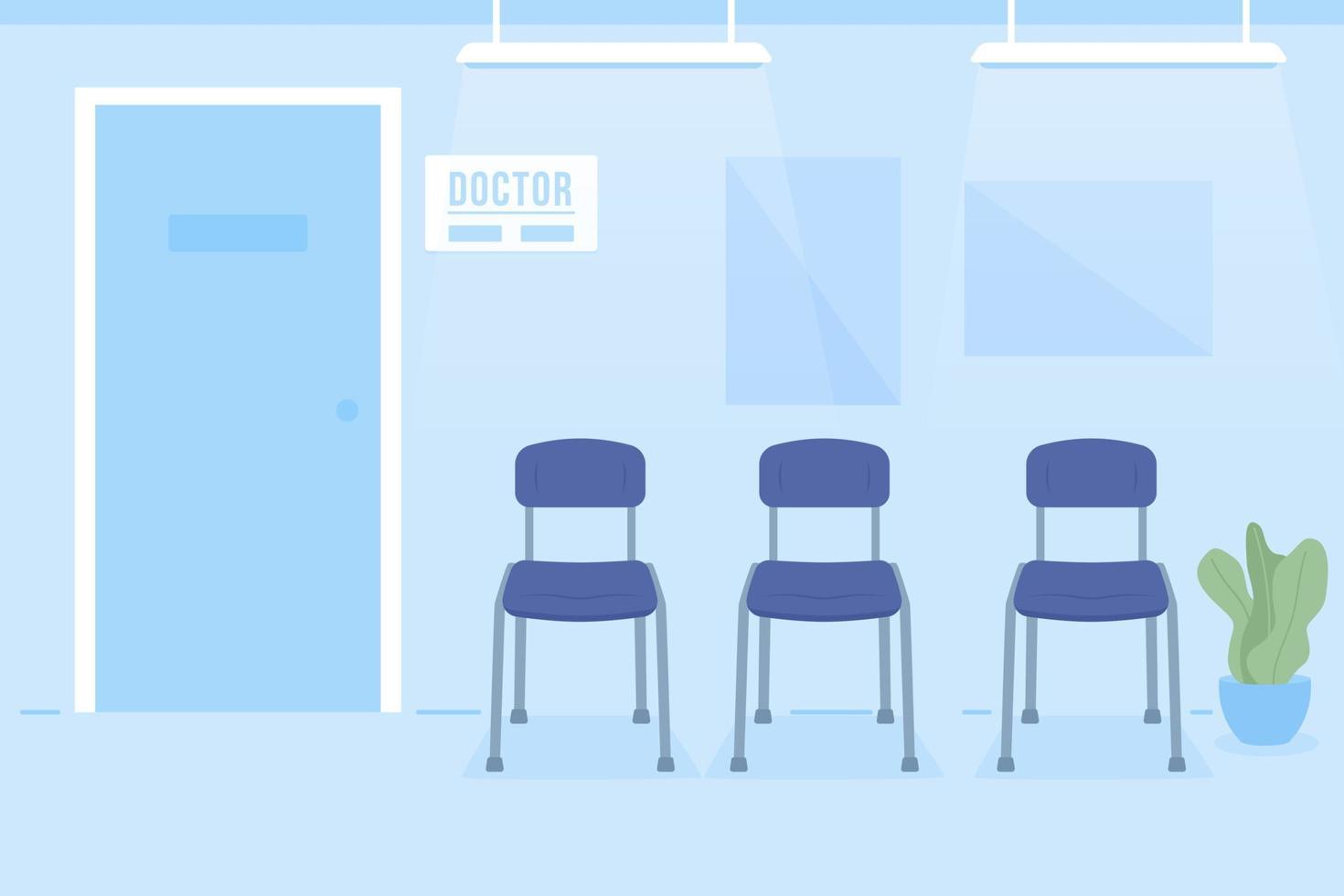 Chairs in doctor office reception room flat color vector illustration. Medical specialist appointment. Fully editable 2D simple cartoon interior with clinic on background