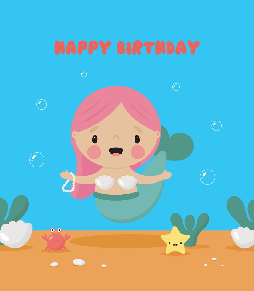 Greeting card with a cute Mermaid. Cartoon style. Vector illustration. For card, posters, banners, books, printing on the pack, printing on clothes, fabric, wallpaper, textile or dishes.