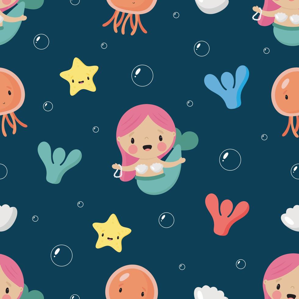 Seamless pattern with cute Mermaid. Vector illustration in cartoon style. For posters, banners, card, printing on the pack, paper, printing on clothes, fabric, wallpaper.