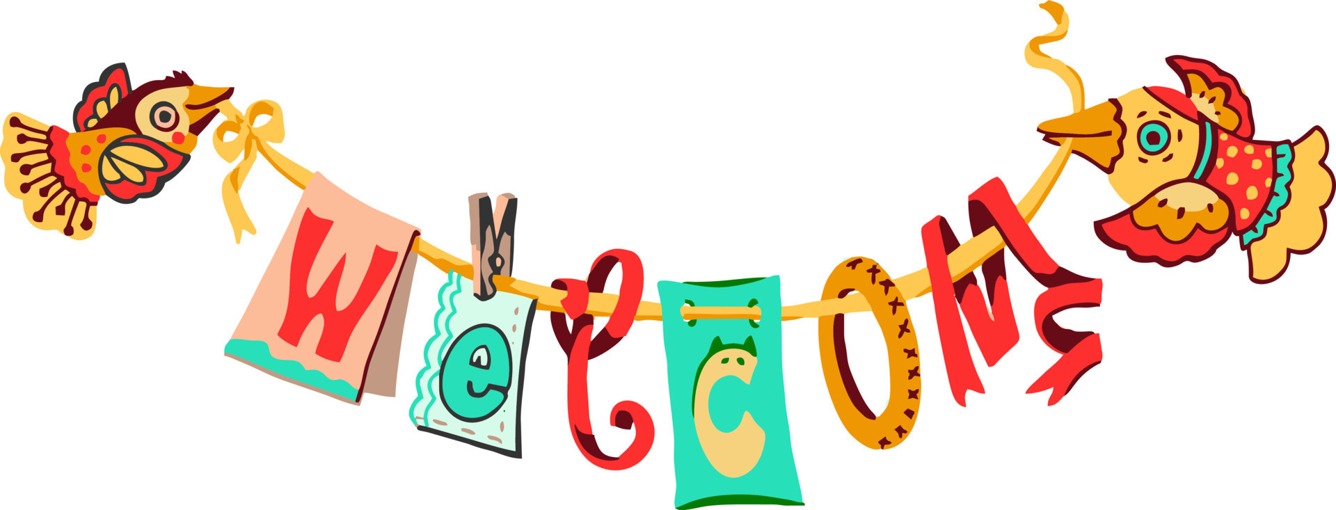 Decorative birds carry a garland with letters spelling out the word