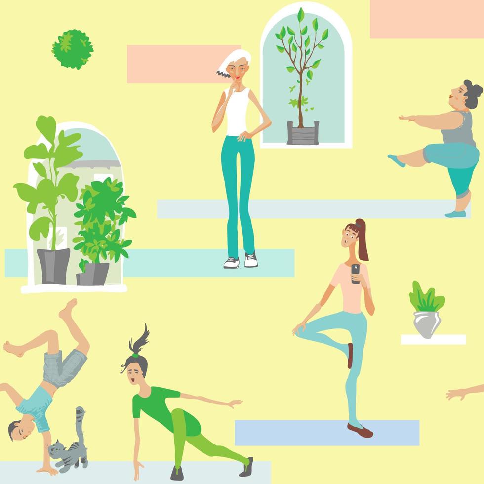 Flat vector image of girls of different complexions in the fitness room.