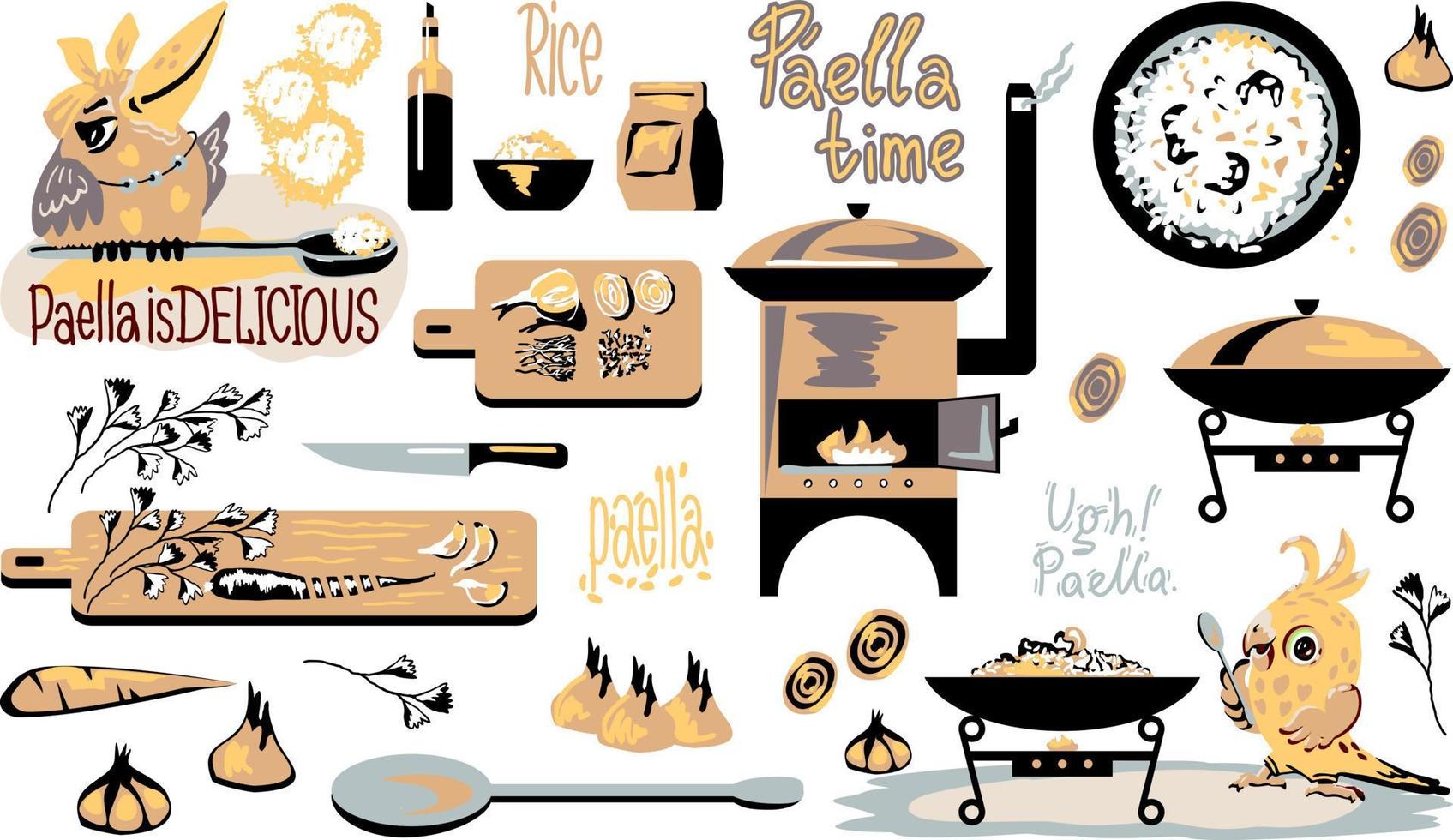 A set of katinok items for making rice dishes, also comic bird cooks. Can be a seamless ornament for wall decor or textiles. vector