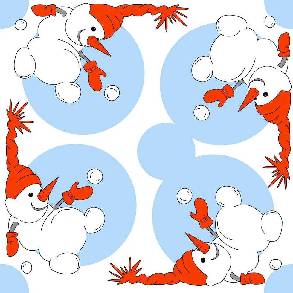 Flat cartoon picture with a snowman. The snowman rolls over. Red Pattern Elements create a seamless square ornament. vector