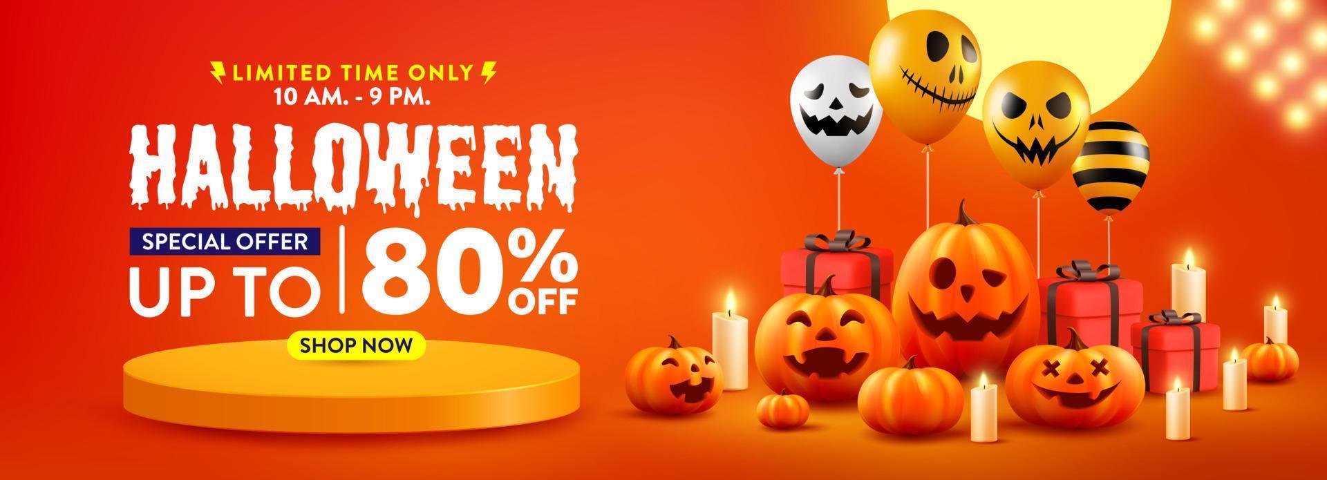Halloween Sale Promotion Poster or banner with Halloween Pumpkin and Ghost Balloons.Scary air balloons with Product podium scene.Website spooky,Background or banner Halloween template. vector