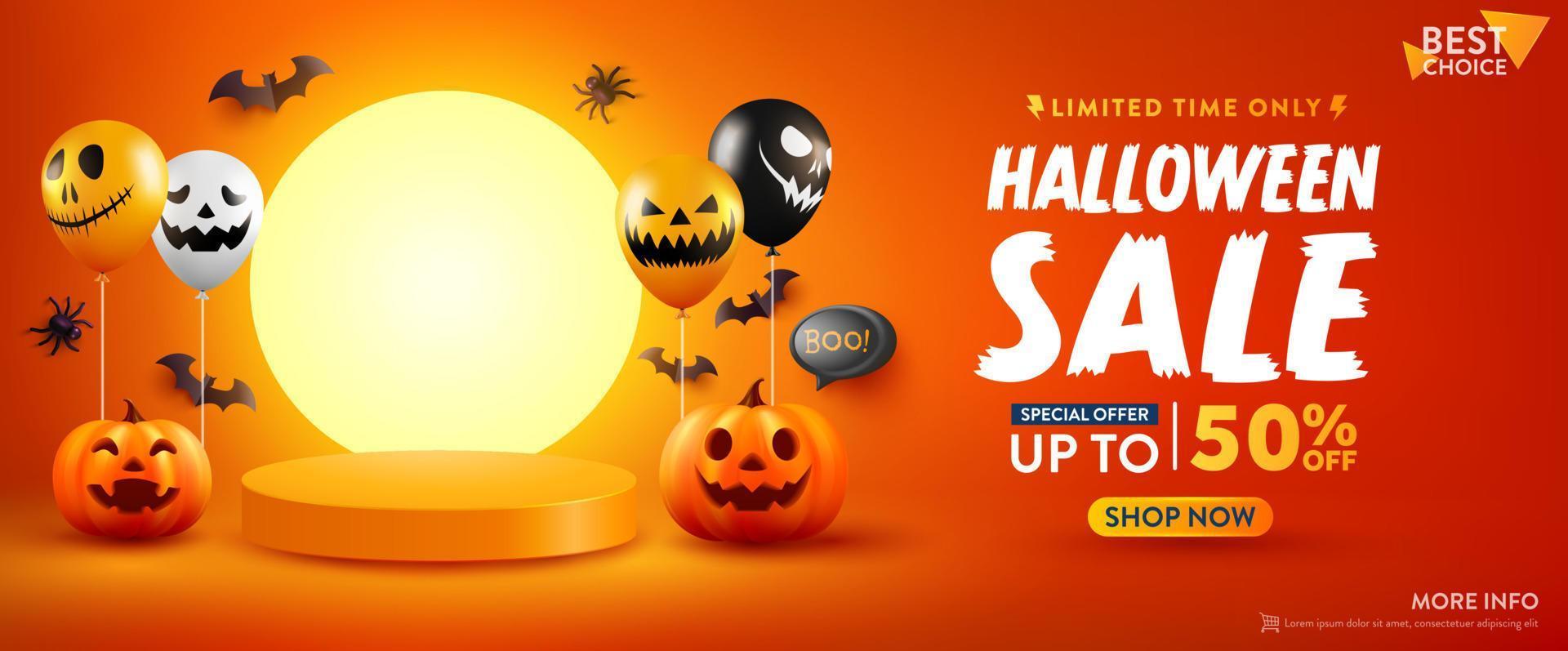 cartel o pancarta de promoción de venta de halloween con calabaza de halloween, globos fantasma y escena de podio del producto. globos de aire aterradores. sitio web espeluznante, fondo o pancarta plantilla de halloween. vector