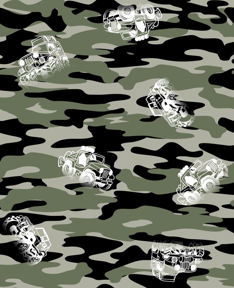 Camouflage with trucks seamless repeat print vector