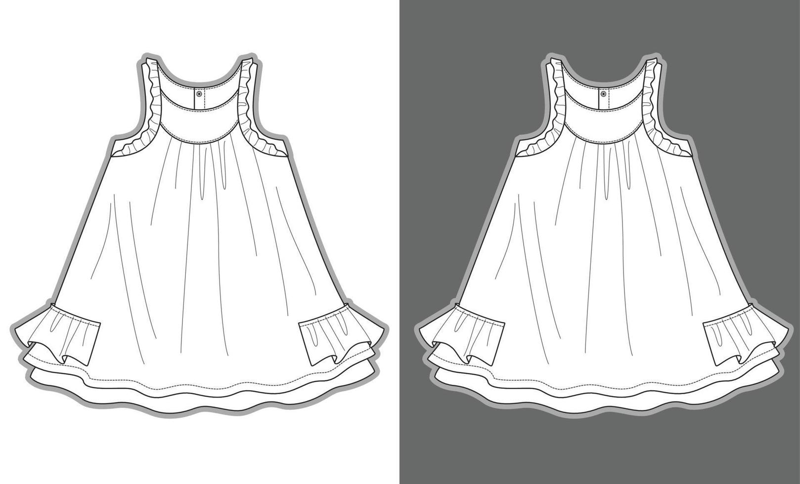 vestido de niña con detalles de volantes plantilla de moda de boceto de ropa vector