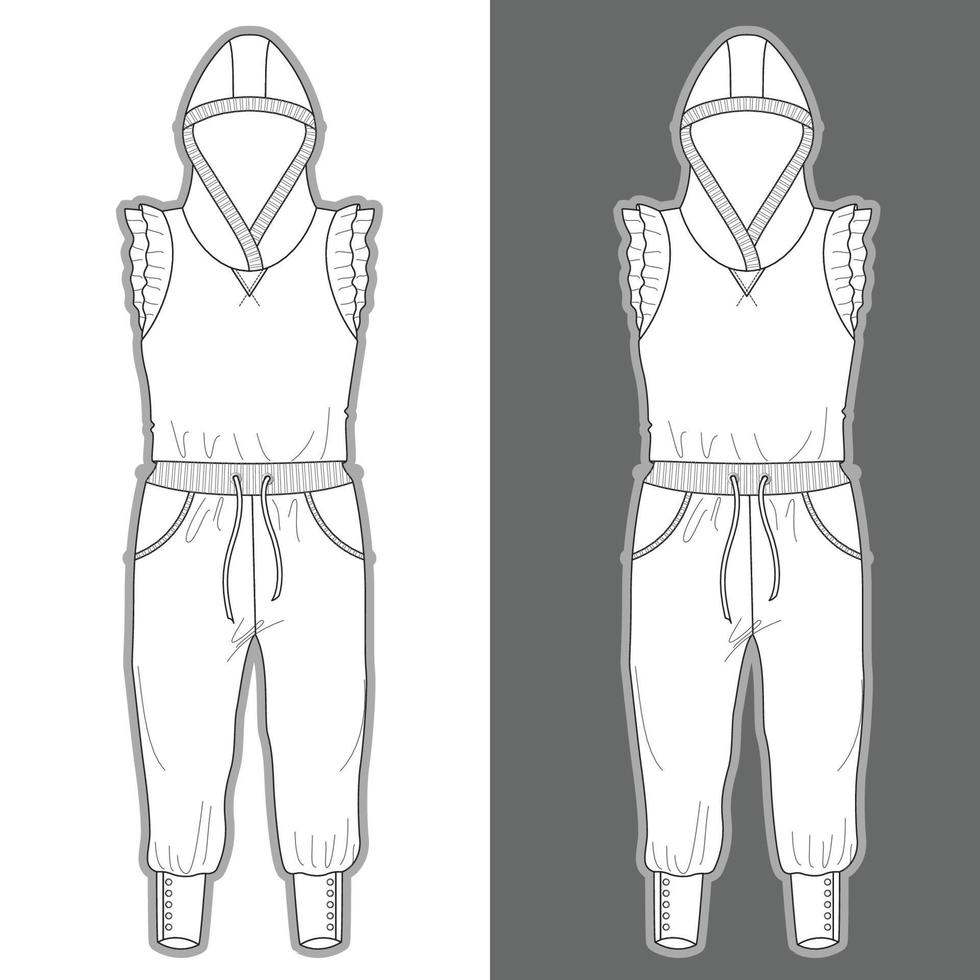 one piece jumpsuit with ruffle details garment sketch fashion template vector