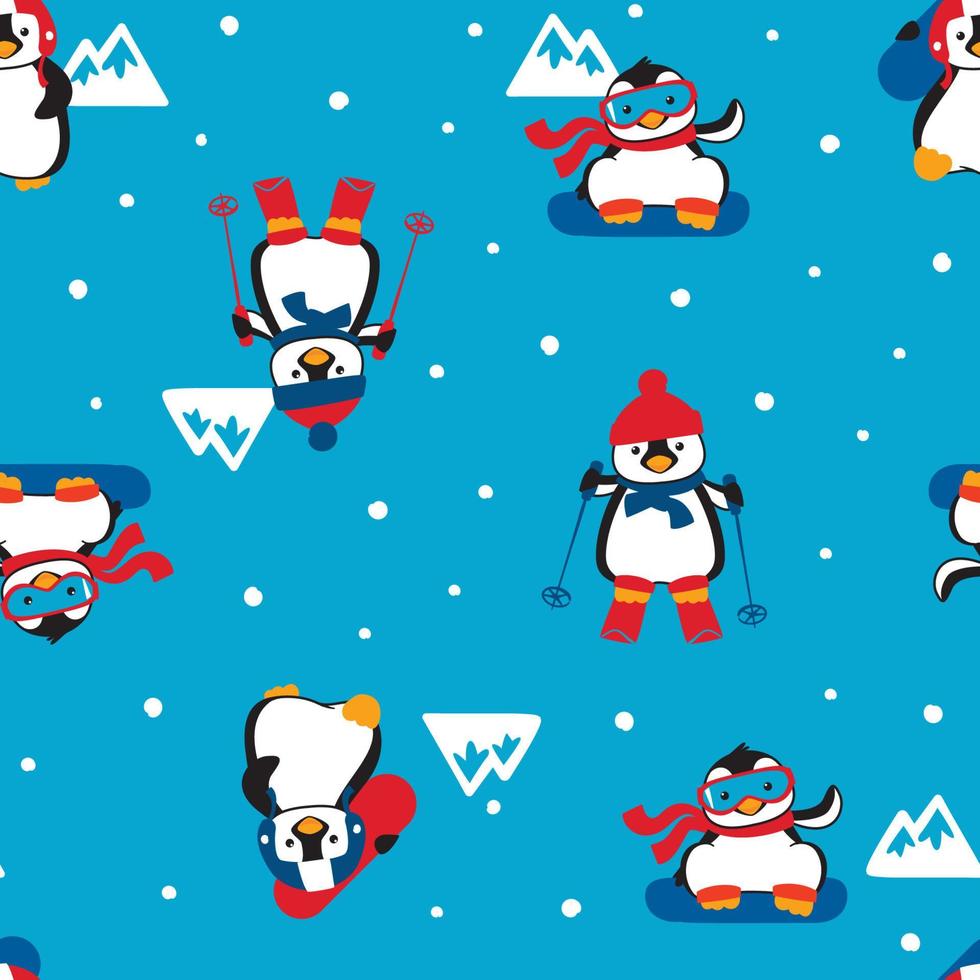 pingüino en el patrón de repetición sin costuras de invierno vector