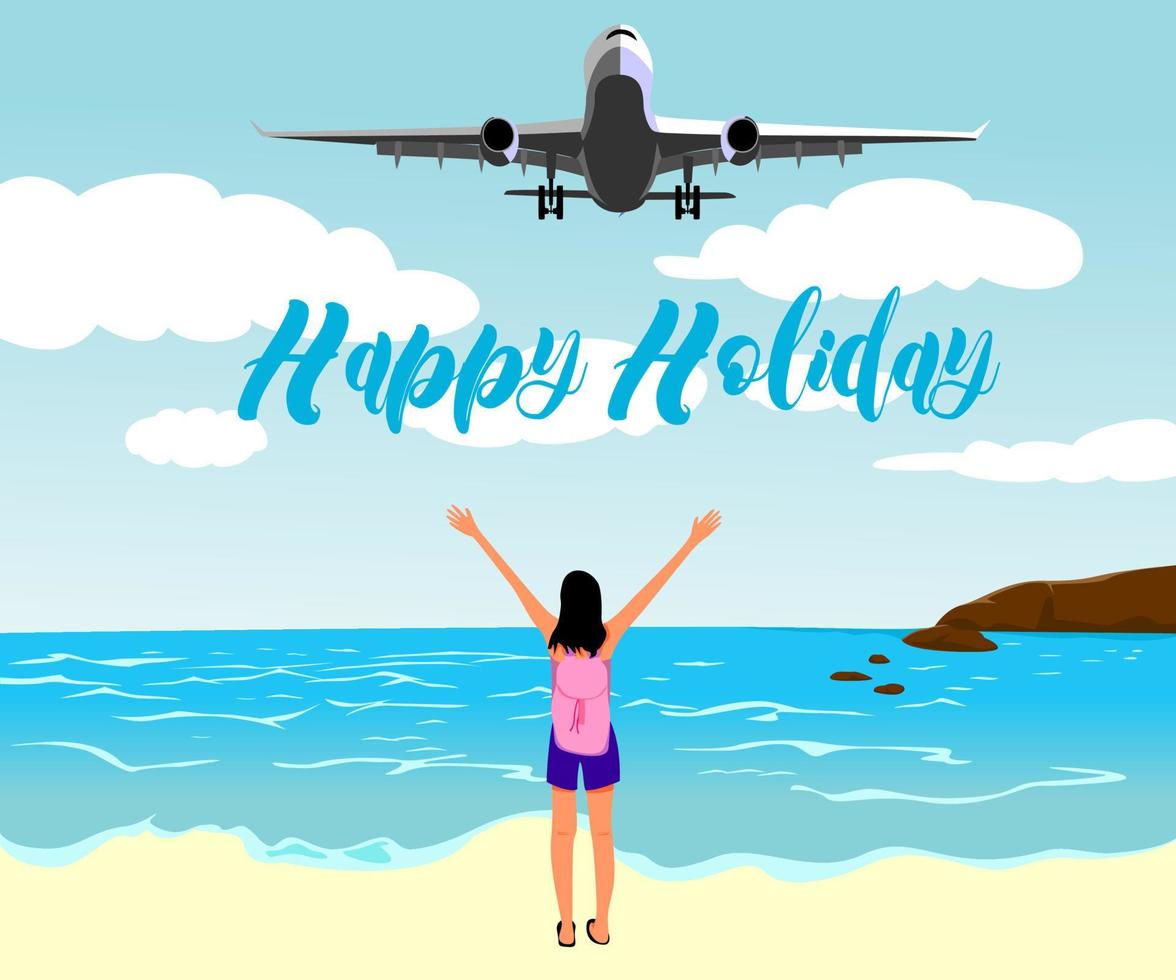 travelling background. girl travel in a beach. vector