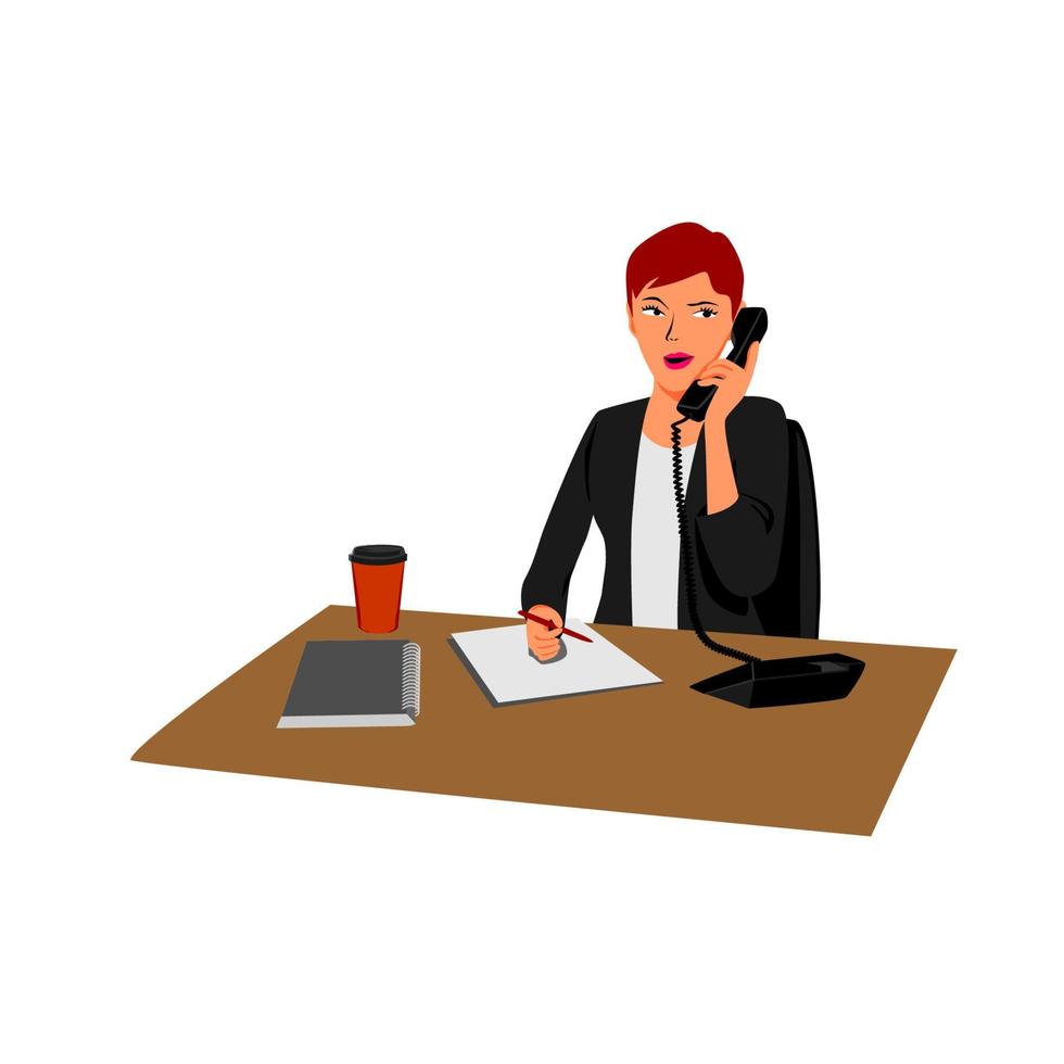 Ilustración de vector de secretaria. mujer de negocios trabaja en su escritorio.