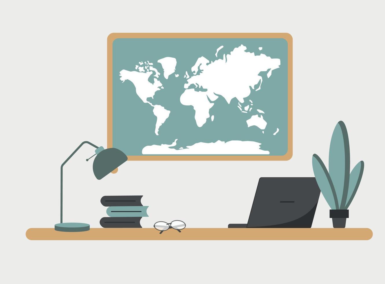 Geography class with a world map. Theacher s table. Vector online learning concept. Happy teacher s day.