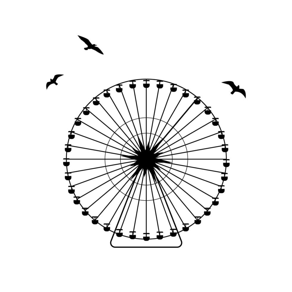 Ferris wheel vector monochrome illustration isolated on white background with seagulls