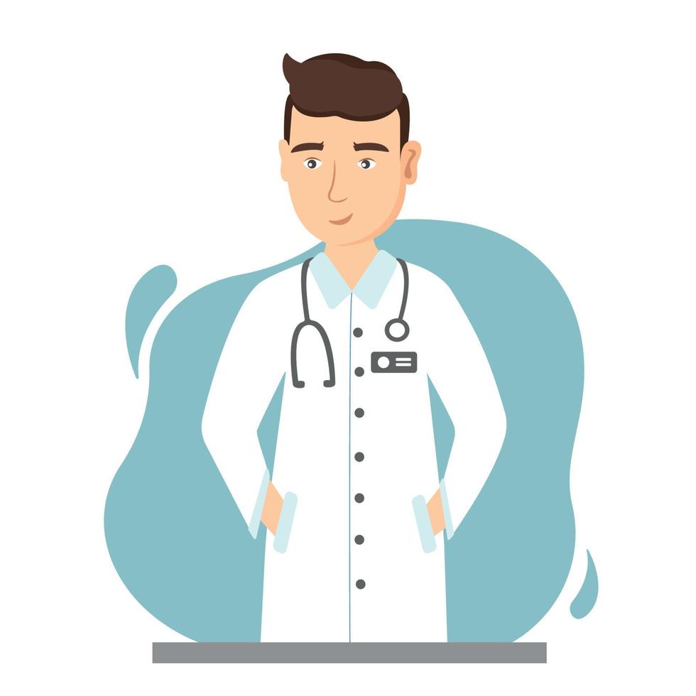 Smiling doctor illustration. Cute smiling doctor standing, hands in pockets. Medical healthcare. Vector character.