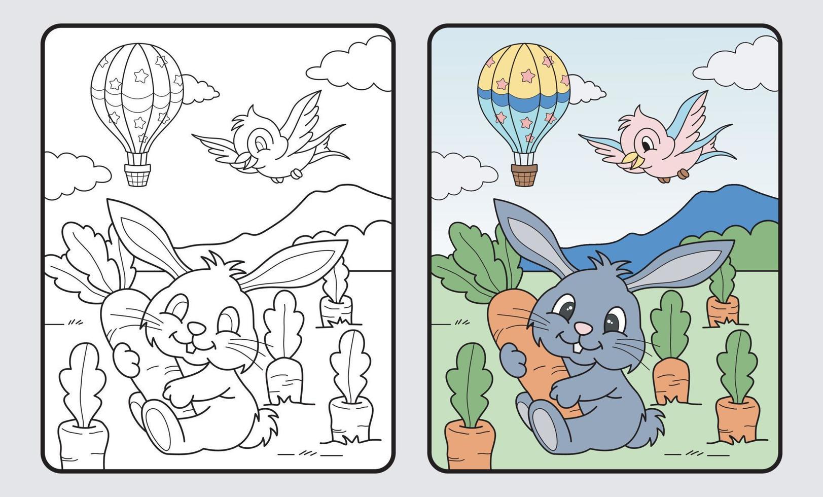 libro de colorear educativo de conejo y zanahoria de dibujos animados para niños y escuela primaria, ilustración vectorial. vector