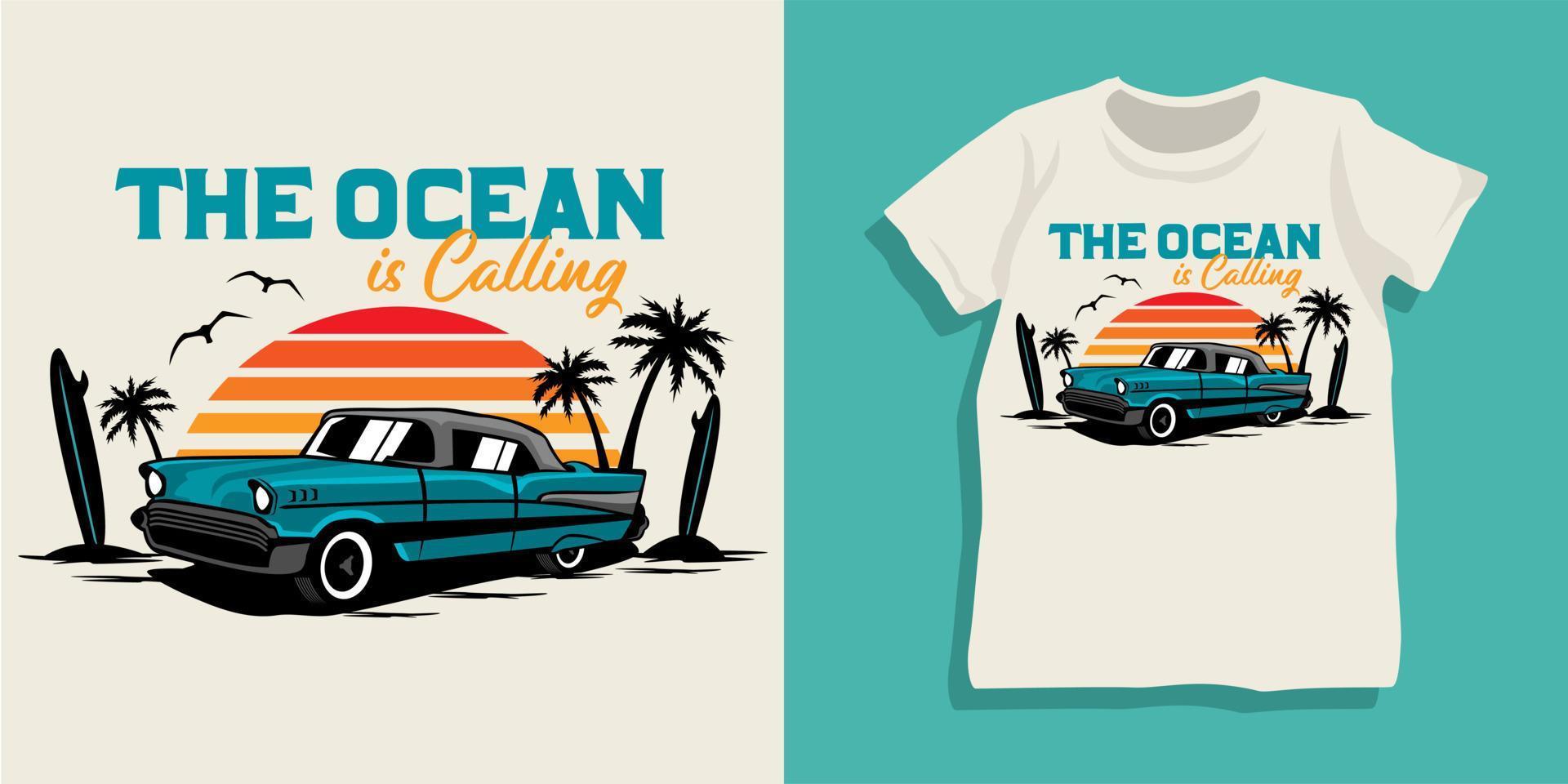 diseño de camiseta de coche de verano de playa vector