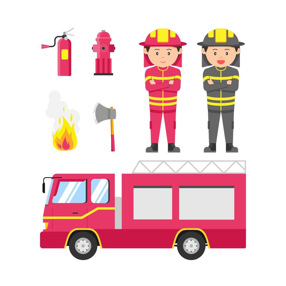 ilustración plana de bombero y equipo vector