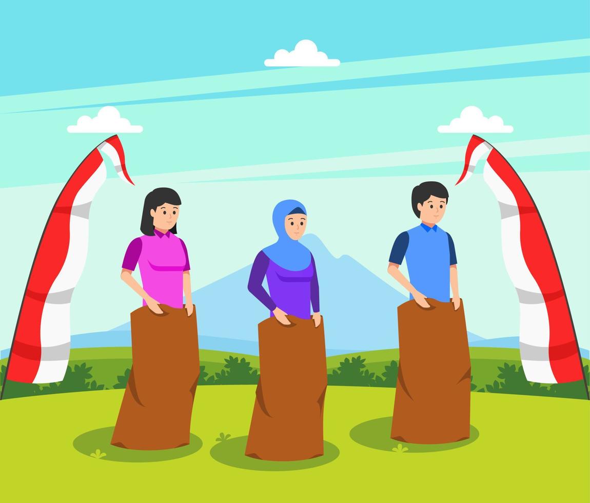 Indonesia traditional games during independence day, balap karung translate, sack race. celebration of freedom vector