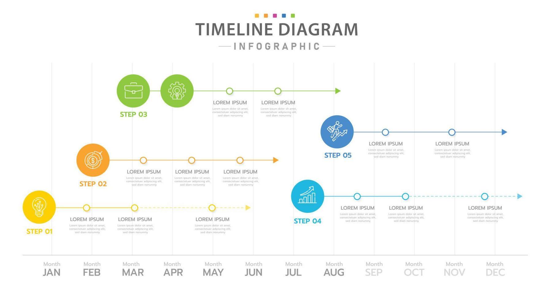 plantilla infográfica para negocios. Calendario de diagrama de línea de tiempo moderno de 12 meses con 5 temas, infografía vectorial de presentación. vector