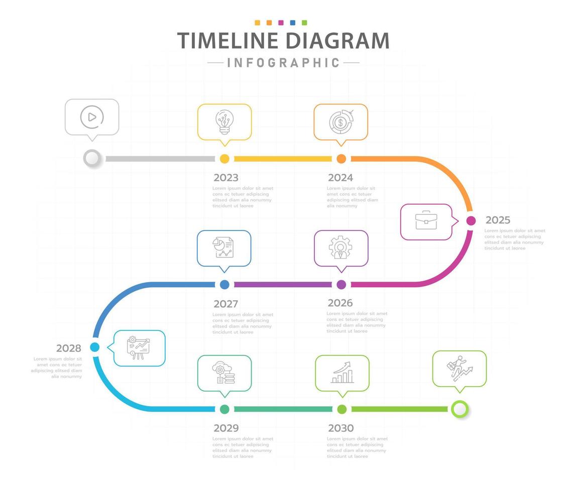 plantilla infográfica para negocios. Diagrama de línea de tiempo moderno de 8 pasos con temas anuales, infografía vectorial de presentación. vector