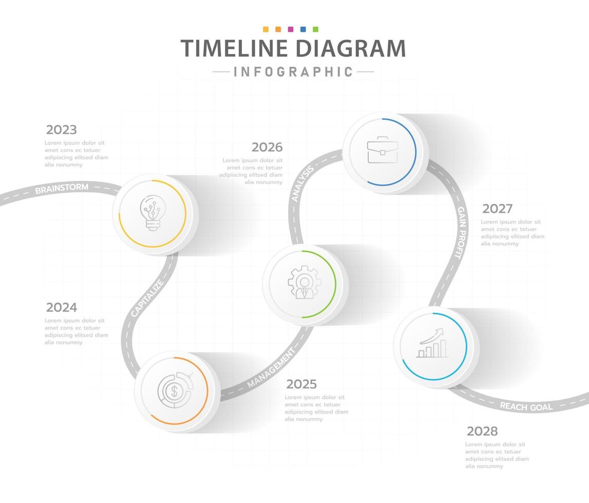 Infographic template for business. 5 Steps modern Timeline diagram calendar with circle and yearly topics, presentation vector infographic.