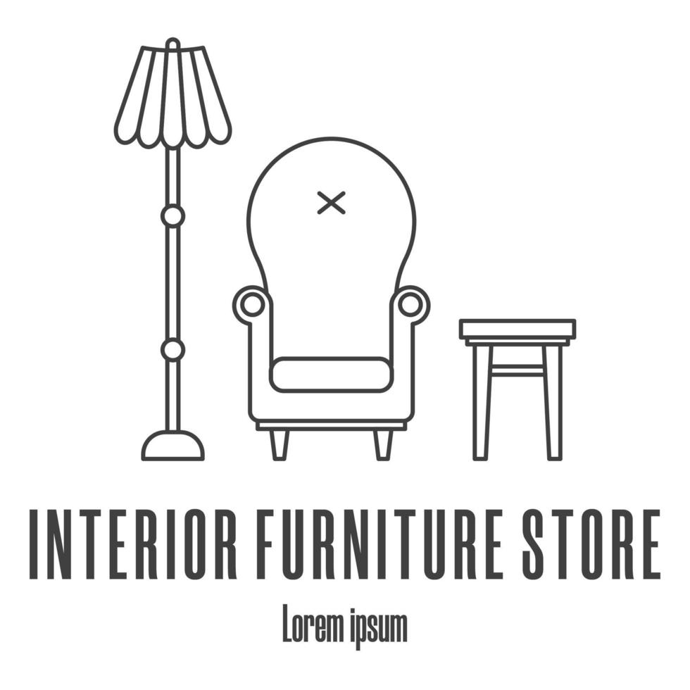 Line style icons of a armchair, lamp, stool. Interior furniture store logo. Clean and modern vector illustration.