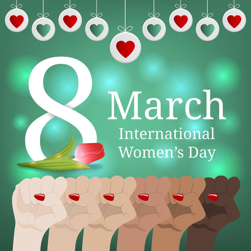 International Women's Day Greeting Card, Banner. Women's March. Multinational Equality. Female hand with her fist raised up. Girl Power. Feminism concept. Vector illustration for Your Design.