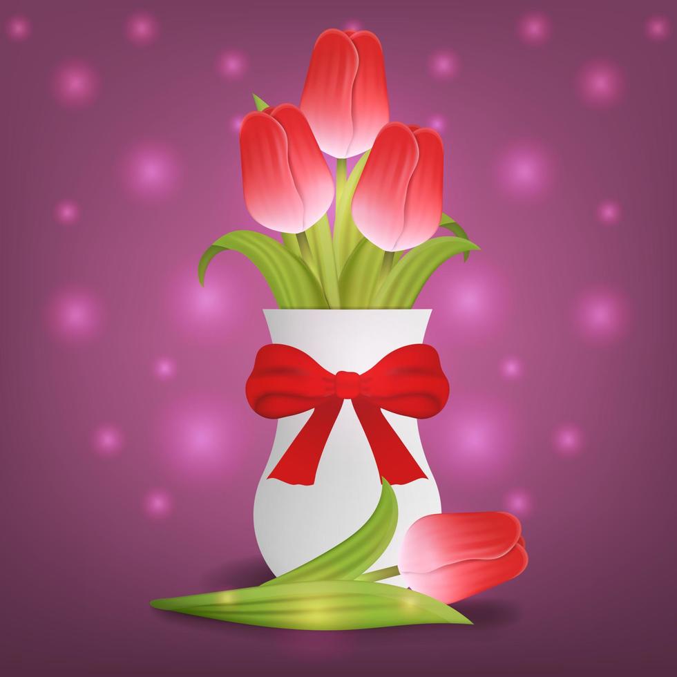 Bouquet of Red Tulips in White Ceramic Vase with Red Bow. Vector Illustration for Your Design.