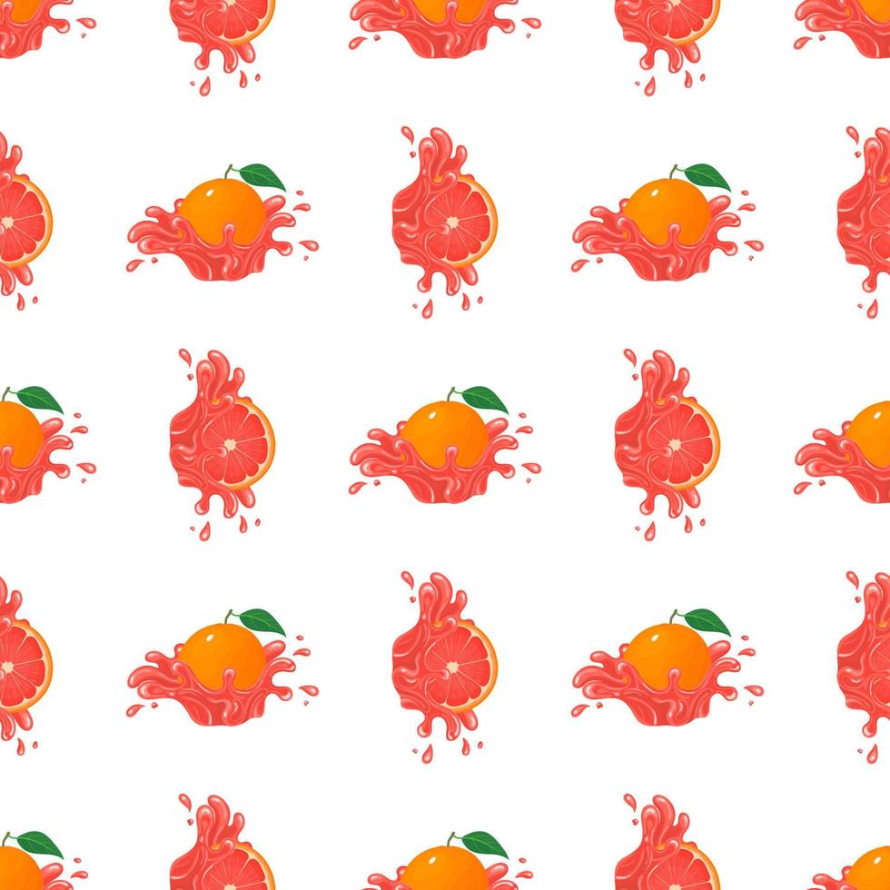 Seamless pattern with fresh bright grapefruit juice splash burst isolated on white background. Summer fruit juice. Cartoon style. Vector illustration for any design.