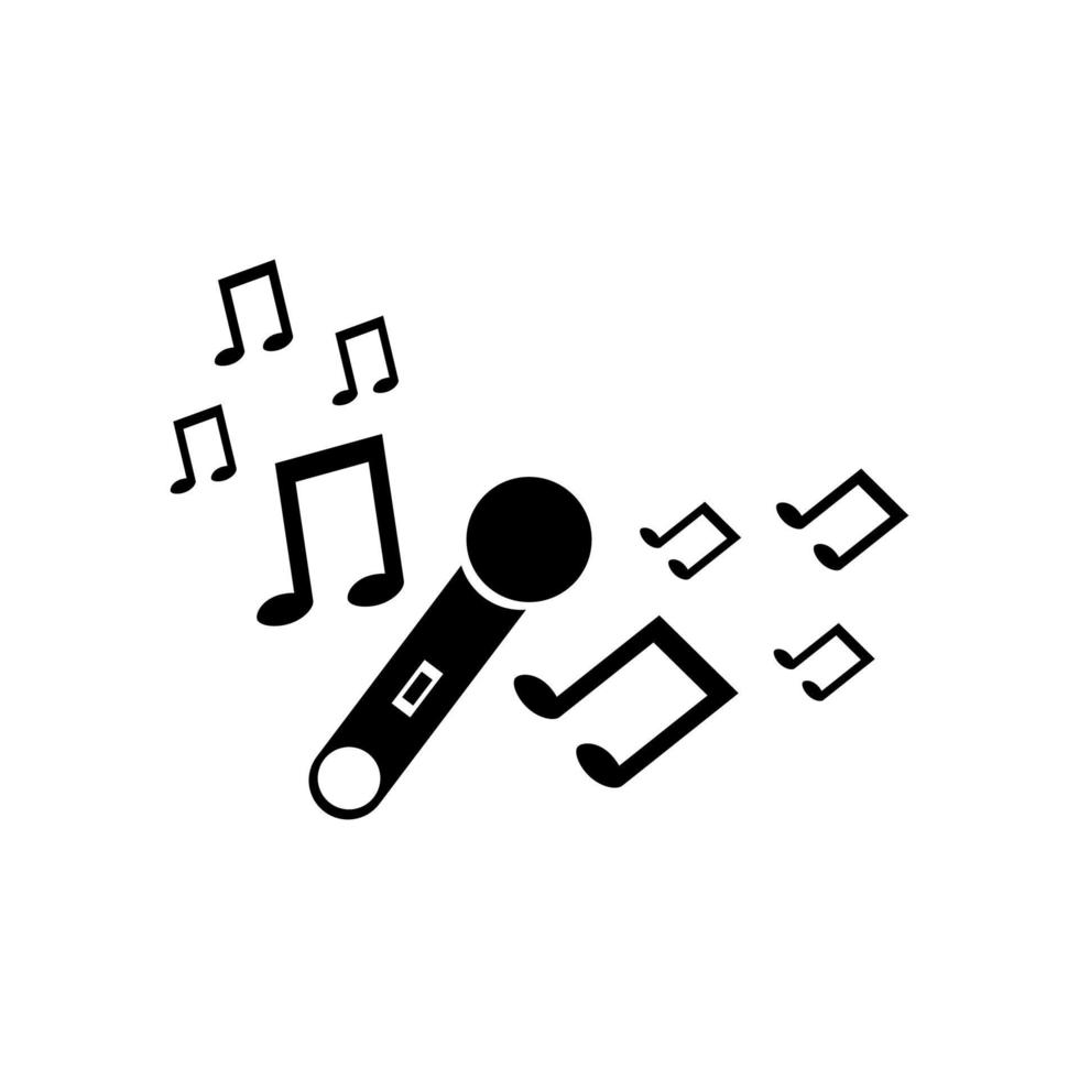 Black silhouette of microphone with music signs. Simple icon. Holiday decorative element. Vector illustration for design.