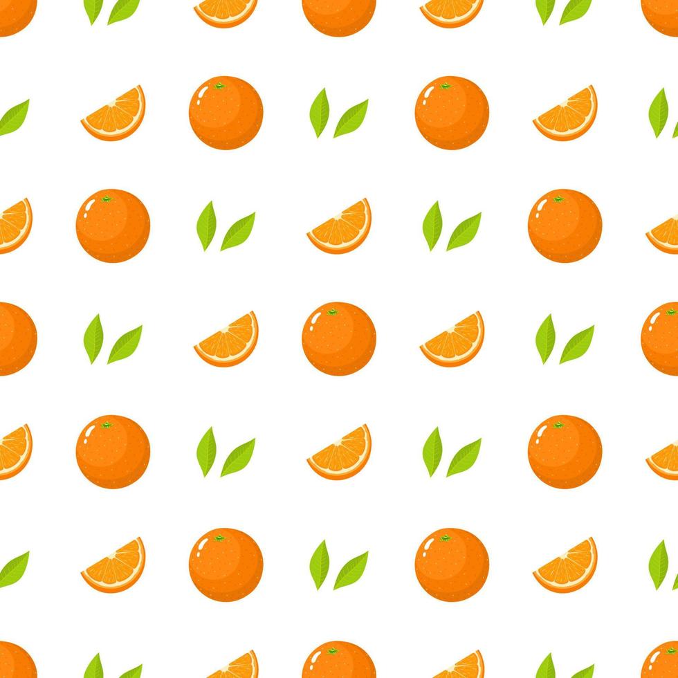 Seamless pattern with fresh whole, cut slice of orange fruit and green leaves on white background. Tangerine. Organic fruit. Vector illustration for design, web, wrapping paper, fabric, wallpaper.