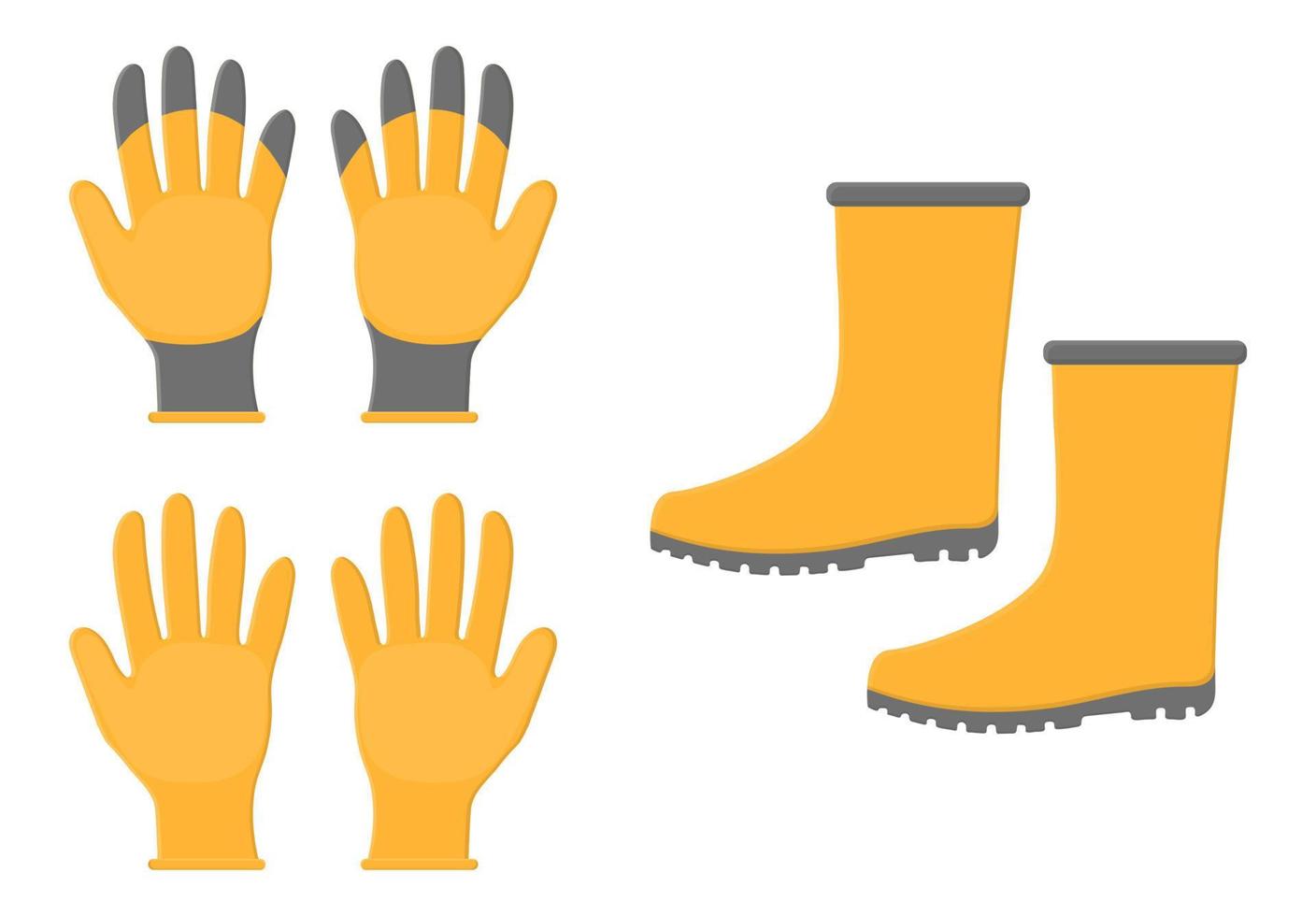 botas de goma amarillas y guantes aislados sobre fondo blanco. Herramientas de jardinería. ilustración vectorial en estilo de dibujos animados para su diseño vector