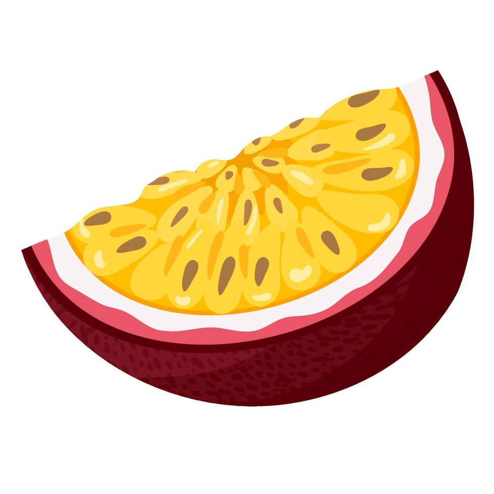 Fresh bright exotic cut slice passion fruit isolated on white background. Summer fruits for healthy lifestyle. Organic fruit. Cartoon style. Vector illustration for any design.