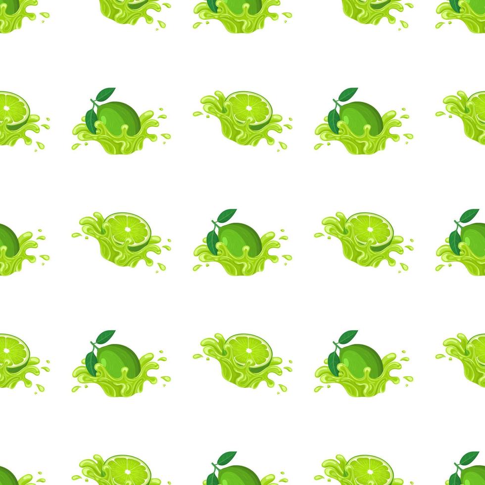 Seamless pattern with fresh bright lime juice splash burst isolated on white background. Summer fruit juice. Cartoon style. Vector illustration for any design.