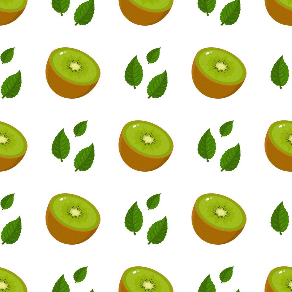 Seamless pattern with fresh half kiwi fruit and leaves on white background. Summer fruits for healthy lifestyle. Organic fruit. Cartoon style. Vector illustration for any design.