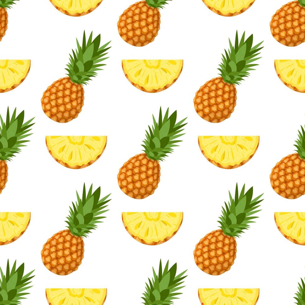 Seamless pattern with fresh whole and cut slices pineapple fruit with leaves on white background. Summer fruits for healthy lifestyle. Organic fruit. Cartoon style. Vector illustration for any design.