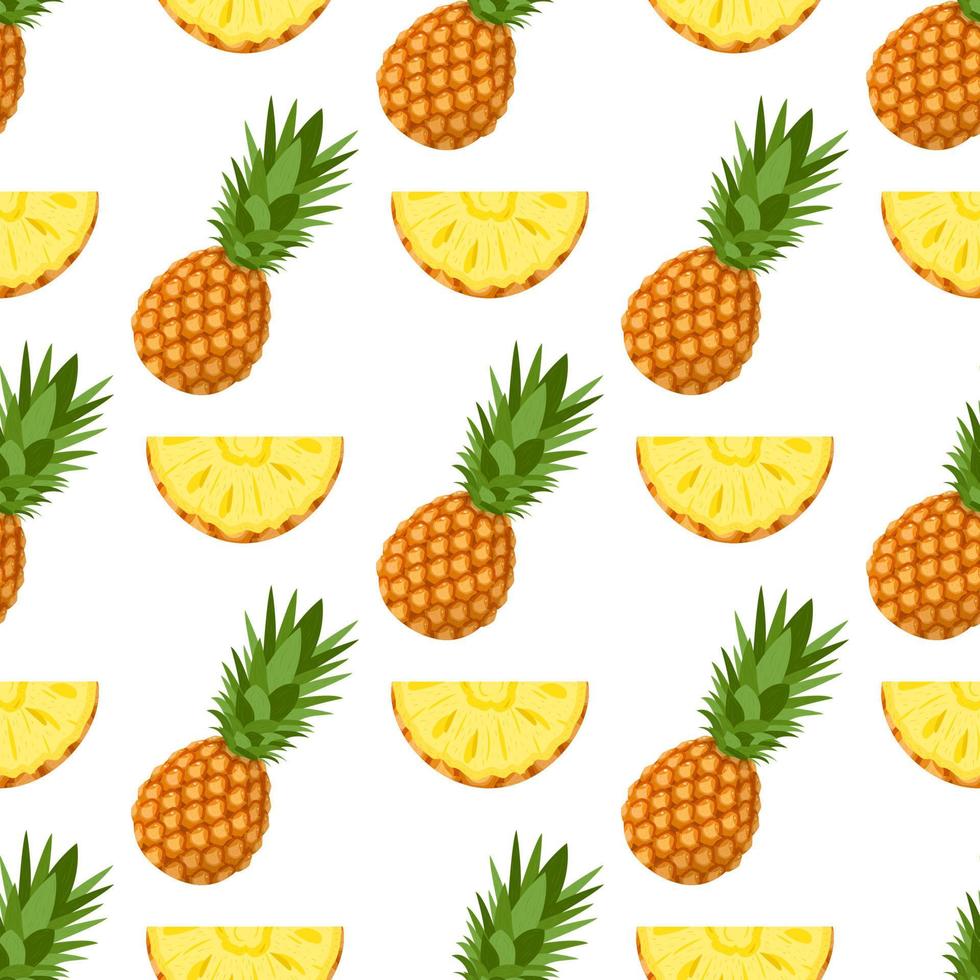 Seamless pattern with fresh whole and cut slices pineapple fruit with leaves on white background. Summer fruits for healthy lifestyle. Organic fruit. Cartoon style. Vector illustration for any design.