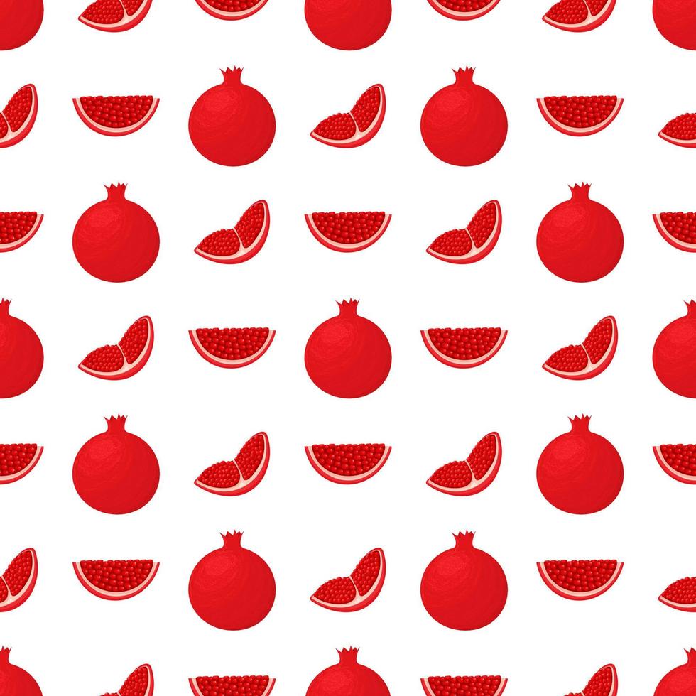 Seamless pattern with fresh bright exotic whole and chunk pomegranate with leaves on white background. Summer fruits for healthy lifestyle. Organic fruit. Vector illustration for any design.